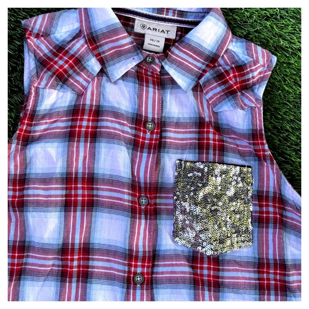 Ariat Womens Blue Red Plaid Sleeveless Sequin Pocket Western Shirt XS 10026580